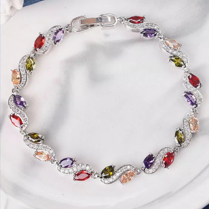Flower Rainbow Mix Color Amethyst Topaz Gems Silver Charm Bracelet