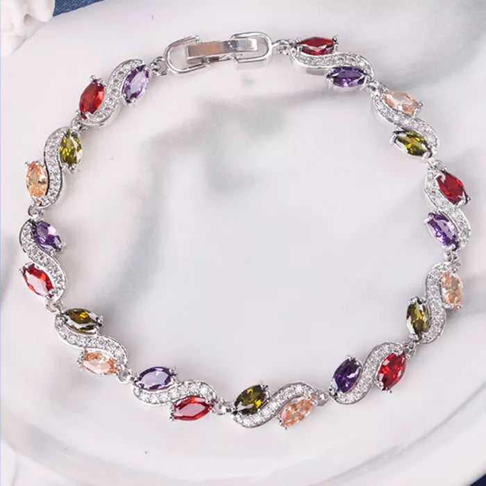 Flower Rainbow Mix Color Amethyst Topaz Gems Silver Charm Bracelet